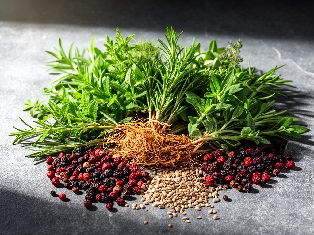 Composizione botanica di erbe aromatiche fresche, radici, bacche essiccate e semi su una superficie di pietra grigia con luce naturale laterale che esalta le texture e i colori