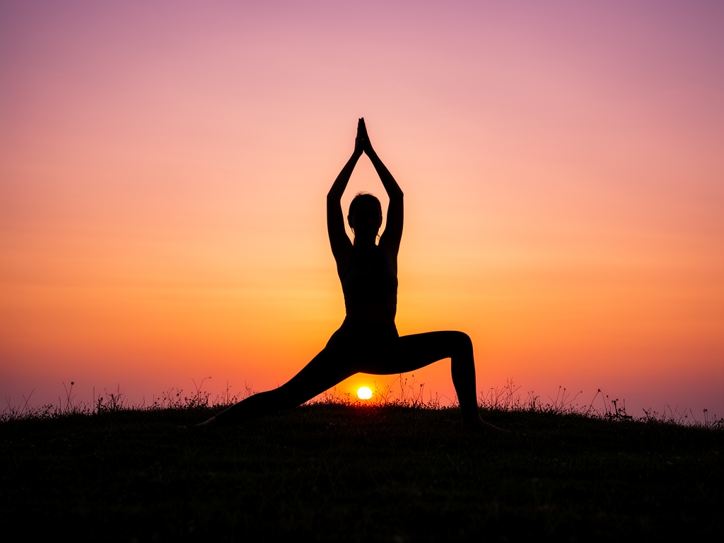 Silhouette di una persona in posizione di yoga al tramonto su una collina erbosa, cielo arancione e rosa sullo sfondo, atmosfera tranquilla e contemplativa