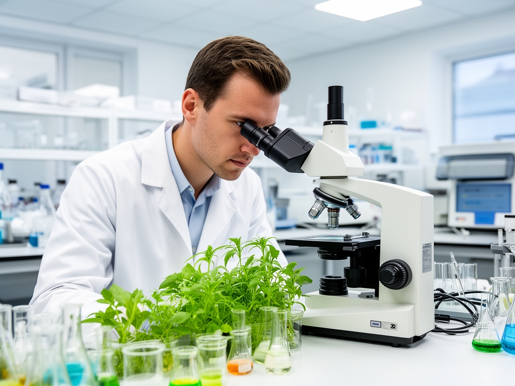 Ricercatore in laboratorio che osserva campioni vegetali attraverso un microscopio in un ambiente scientifico luminoso e moderno con attrezzature di analisi