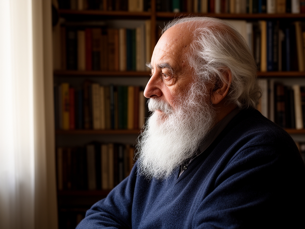 Filosofo anziano con barba bianca seduto in uno studio con pareti di libri, fotografato in profilo mentre riflette con la luce che filtra da una finestra laterale
